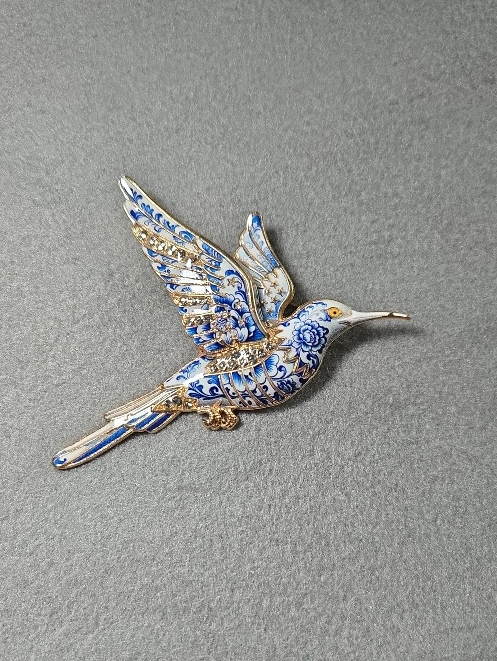 Blue and White Hummingbird Enamel Brooch